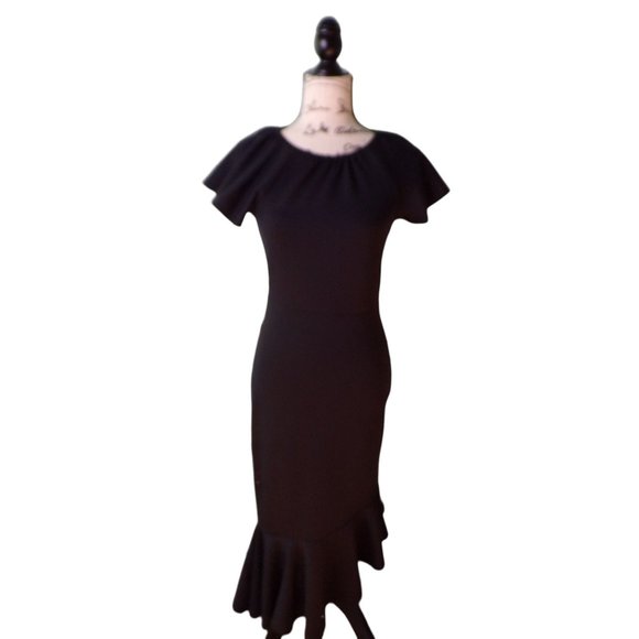 🆕 RACHEL PARCELL Asymmetric Ruffle Hem Scuba Dress Black X-Small - Picture 6 of 11